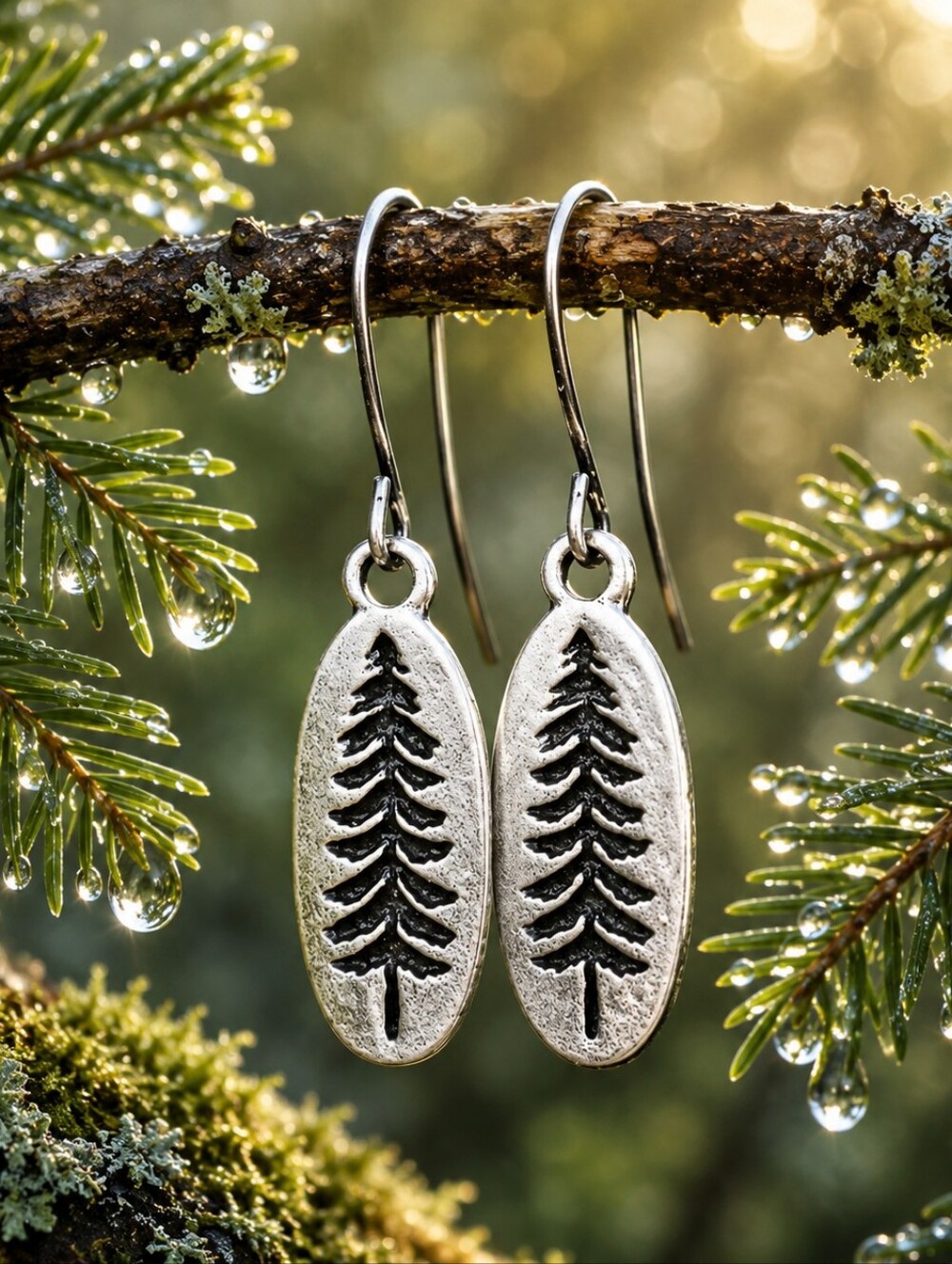 Silver Pine Tree Earrings Woodland Nature Jewelry Artisan Hand Crafted